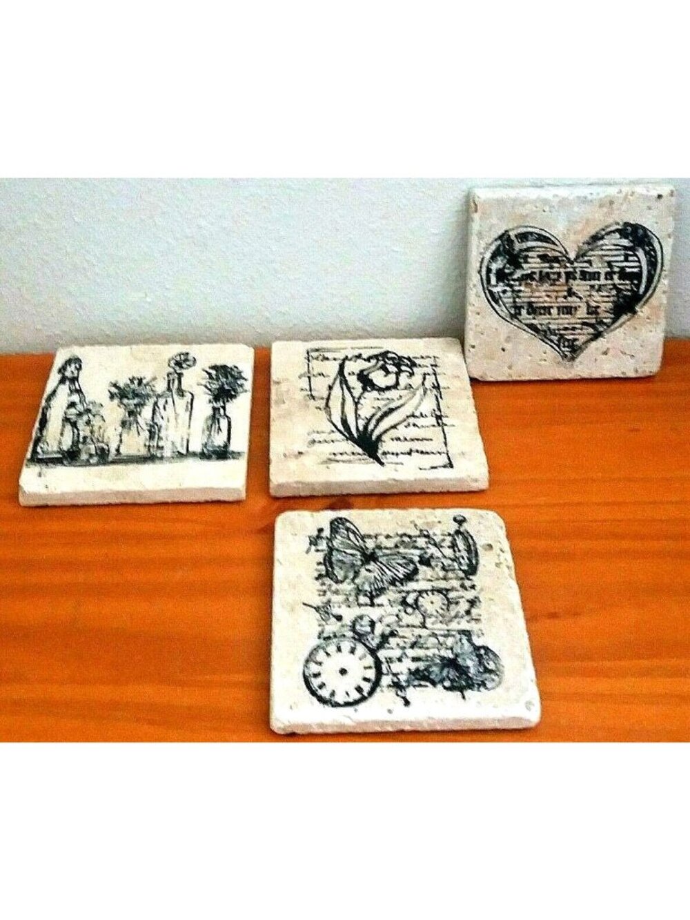 Vintage Rustic Stone Tile Coasters Collage Art Tumbled Set of 4 Felt Pads